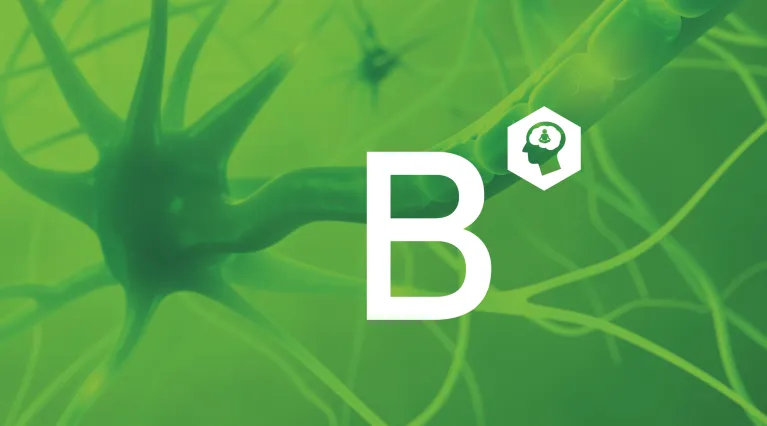 Vitamin-B-Molekülstruktur auf grünem Hintergrund mit B-Symbol und Gehirn-Icon.