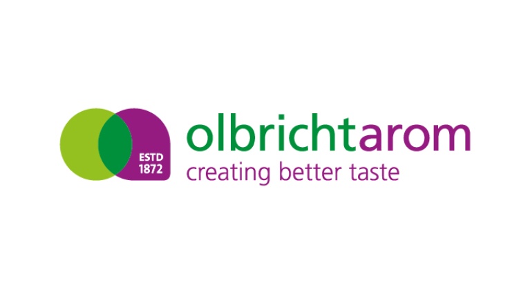 OlbrichtArom Logo, grüne und lila Ringe mit Text „creating better taste", ESTD 1872.