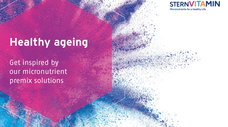Bunter Aquarell-Farbspritzer umrahmt den Text „Healthy ageing" und „Get inspired by micronutrient premix solutions".