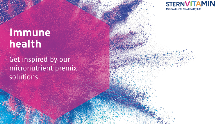 Hexagon in Rosa und Blau mit Text „Immune health. Get inspired by our micronutrient premix solutions”.