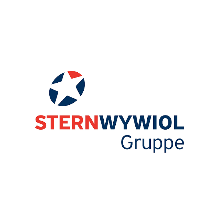 Logo der SternWywiol Gruppe mit blauem und rotem Sternemblem auf weißem Hintergrund.