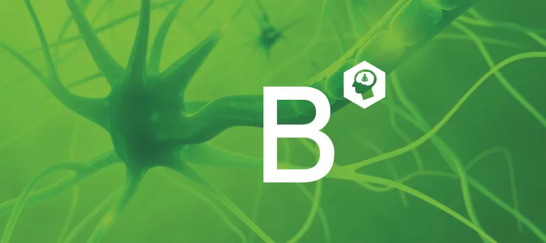 Vitamin-B-Molekülstruktur auf grünem Hintergrund mit B-Symbol und Gehirn-Icon.