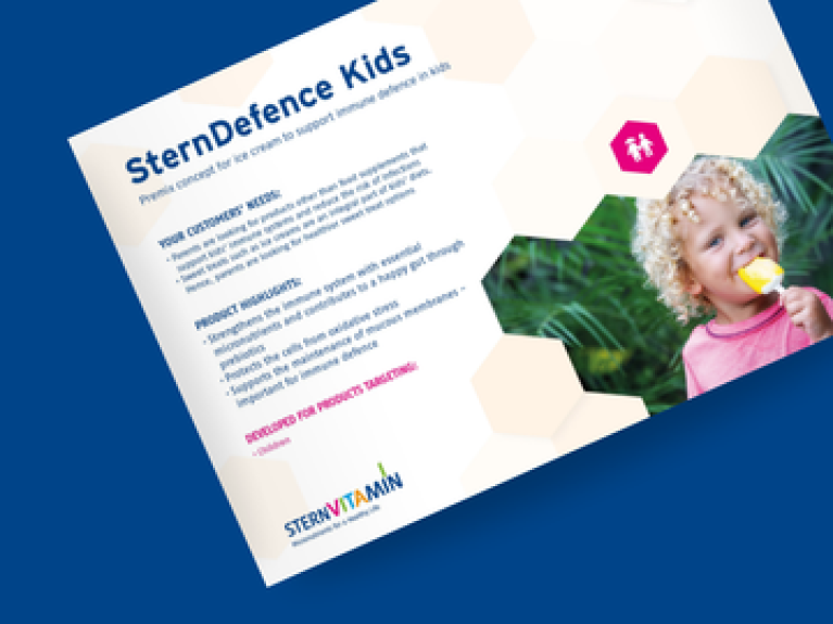 SternDefence Kids Produktblatt mit Infos und Bild eines Kindes, das Eis isst, vor blauem Hintergrund.