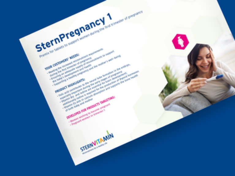 SternPregnancy 1 Broschüre mit Textinformationen und lächelnder Frau, die auf ein Schwangerschaftstestgerät blickt.