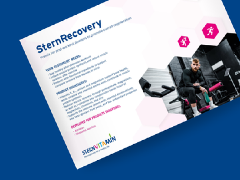 SternRecovery-Produktblatt mit Text und Bild eines sportlichen Mannes im Fitnessstudio auf Hantelbank.
