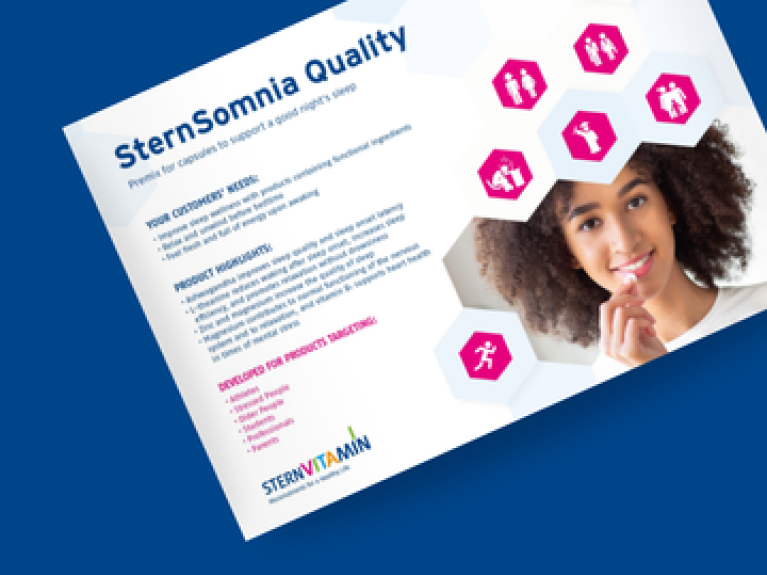 Werbung für SternSomnia-Produkt mit Textdetails und Frau, daneben sechs mit Piktogrammen versehene Waben.