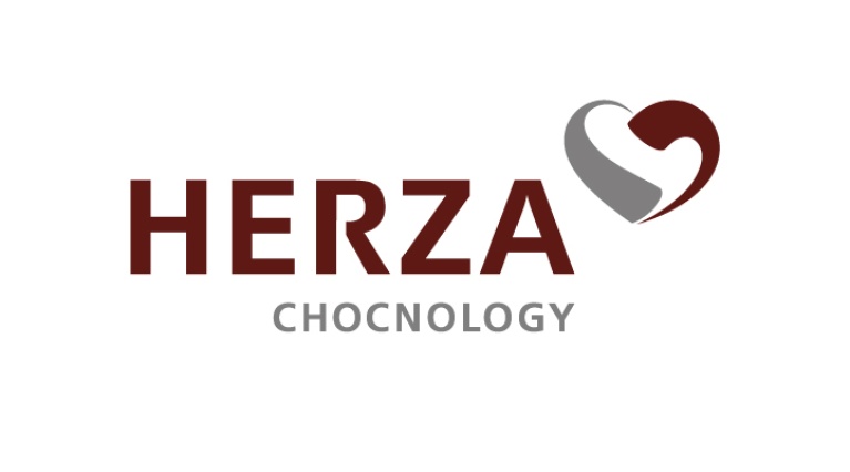 Brauner Herza Schriftzug mit einem Herz-Symbol in Grau und Braun mit dem Markenslogan „CHOCNOLOGY“.