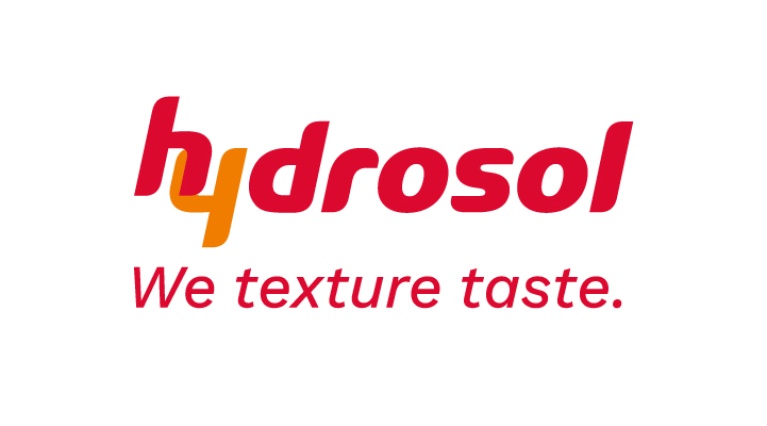 Roter Hydrosol Schriftzug mit einem rot-orangen H-Symbol links und dem Markenslogan „We texture taste.“