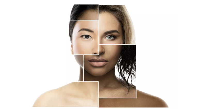 Collage aus Gesichtsausschnitten verschiedener Frauen mit unterschiedlichen Hautfarben und Haartypen, die zu einem einzigen Gesicht zusammengesetzt sind – ein Symbol für Vielfalt und Inklusion.